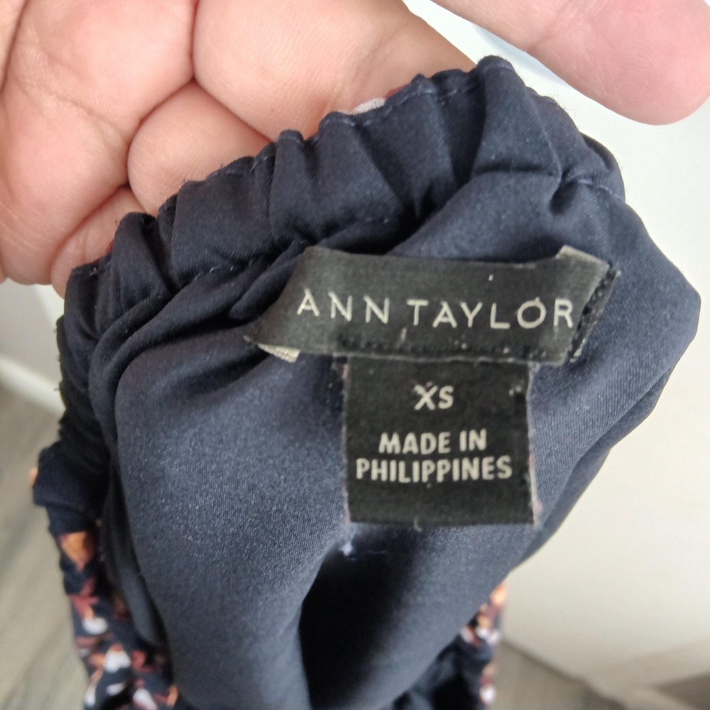 Ann Taylor Dress Womens XS Navy Blue Abstract Dot Puff Sleeve Lined Peasant - Picture 10 of 11